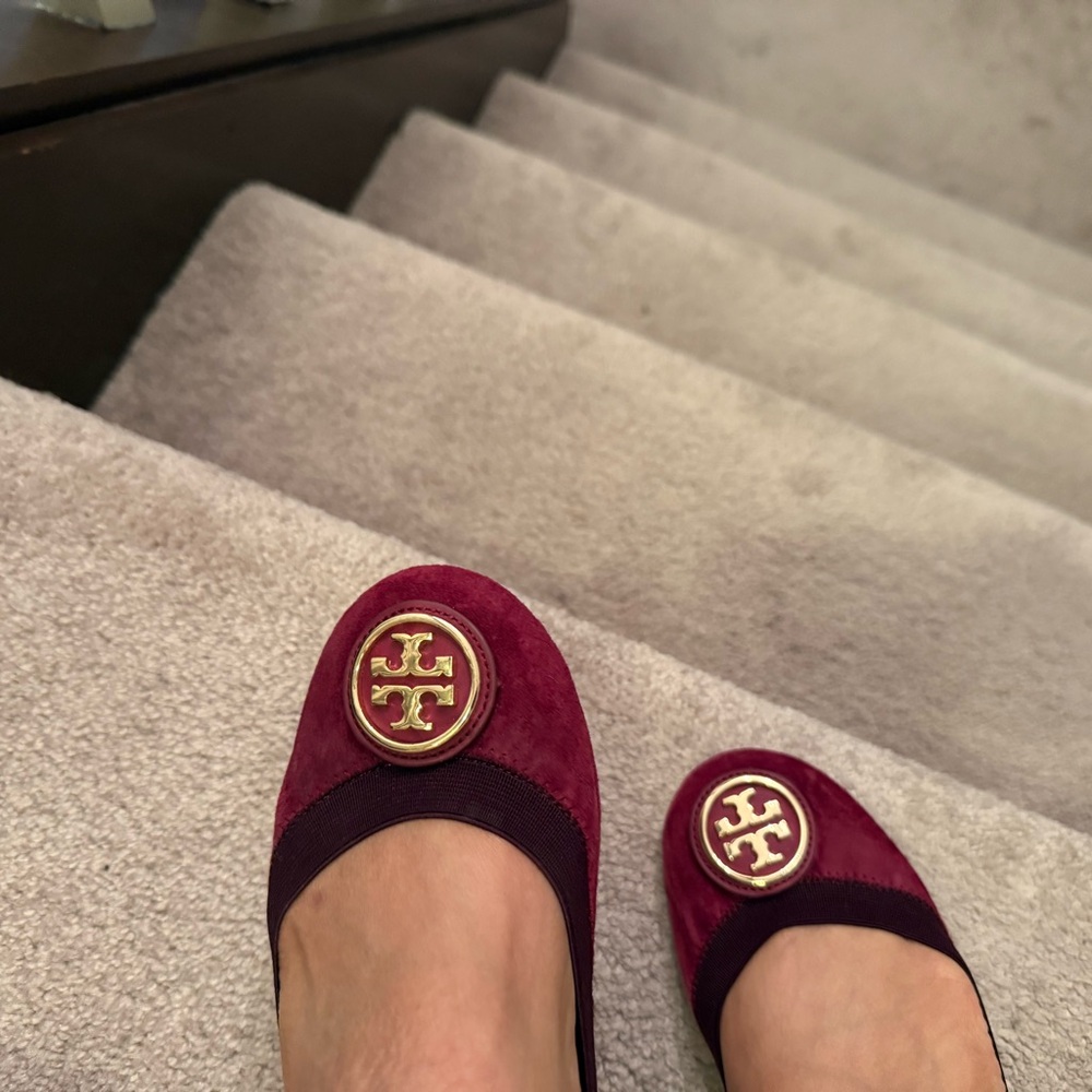 Tory Burch Red Suede Flats with Logo - Picture 11 of 12